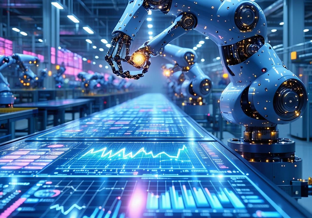 Nowoczesna fabryka z robotami i interfejsem cyfrowym