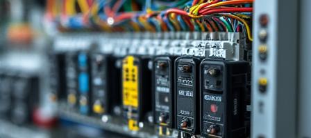 Panel sterowania z dziesiątkami kolorowych kabli i sterowników PLC