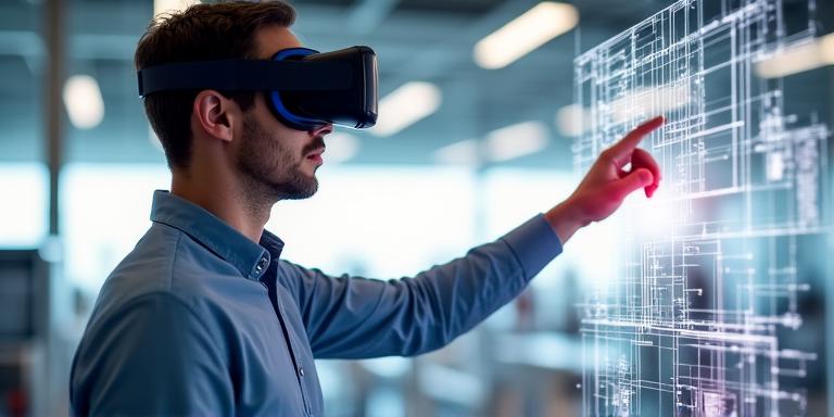 Inżynier pracujący w goglach VR nad projektem linii montażowej